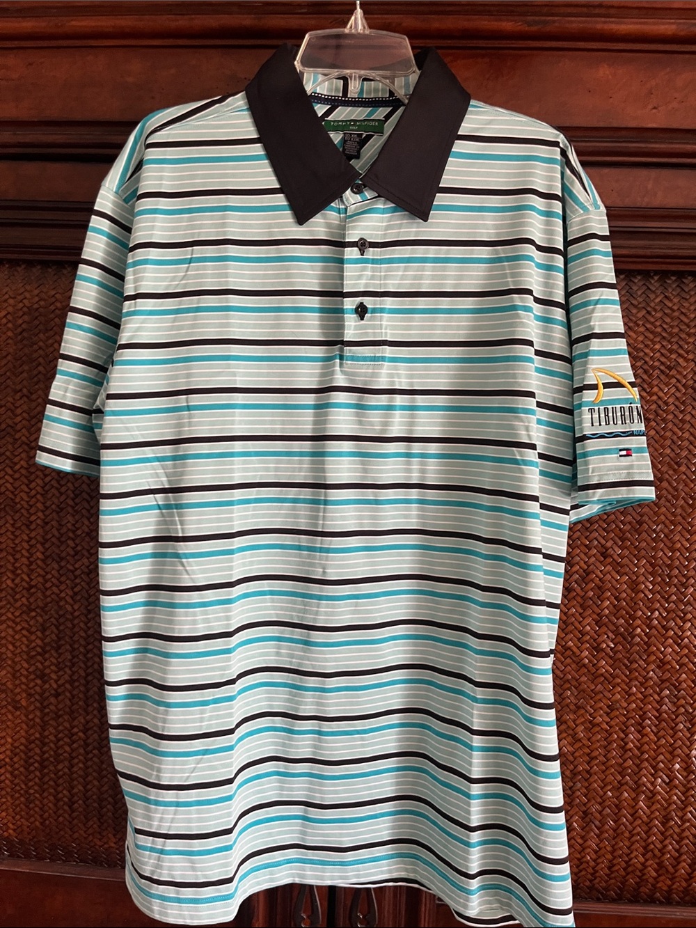 Tommy Hilfiger Aqua, White & Black Striped Polo with Black Collar
